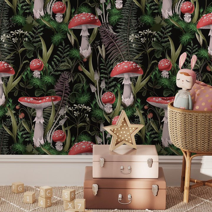 Botanical Wallpaper with a Mushroom and Fern Motif in Black, Red, and Green - D921