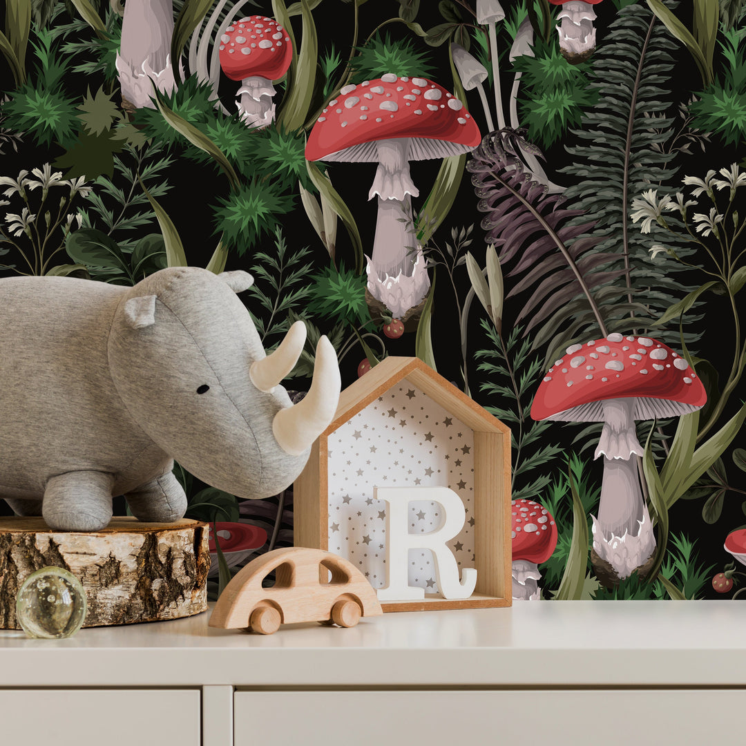 Botanical Wallpaper with a Mushroom and Fern Motif in Black, Red, and Green - D921