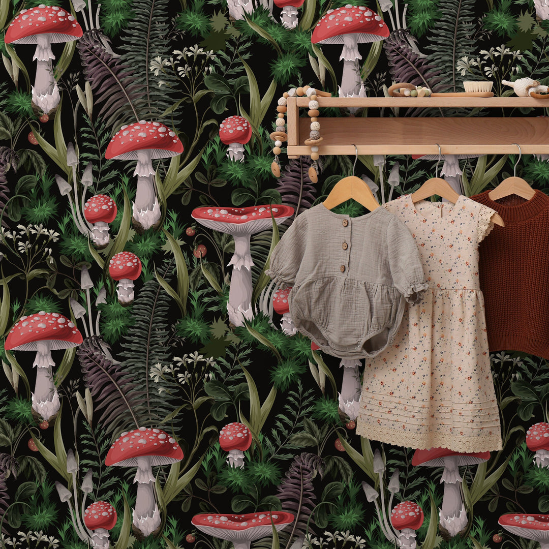 Botanical Wallpaper with a Mushroom and Fern Motif in Black, Red, and Green - D921