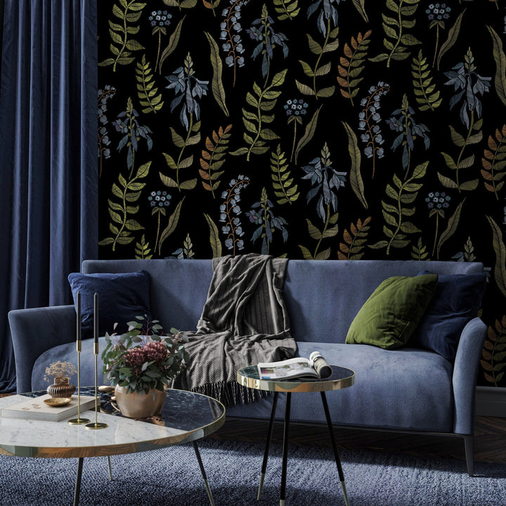 Botanical Wallpaper with an Embroidered Leaf Motif in Green, Blue, and Copper - A656