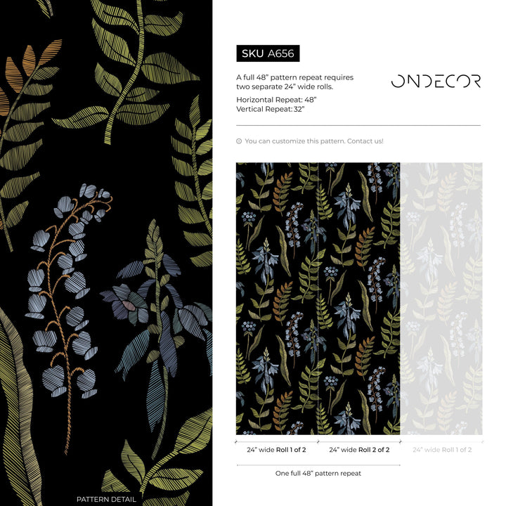 Botanical Wallpaper with an Embroidered Leaf Motif in Green, Blue, and Copper - A656