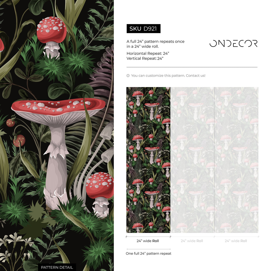 Botanical Wallpaper with a Mushroom and Fern Motif in Black, Red, and Green - D921