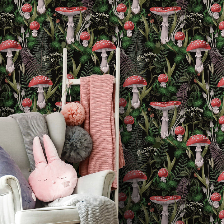 Botanical Wallpaper with a Mushroom and Fern Motif in Black, Red, and Green - D921