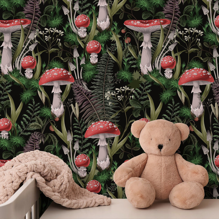 Botanical Wallpaper with a Mushroom and Fern Motif in Black, Red, and Green - D921