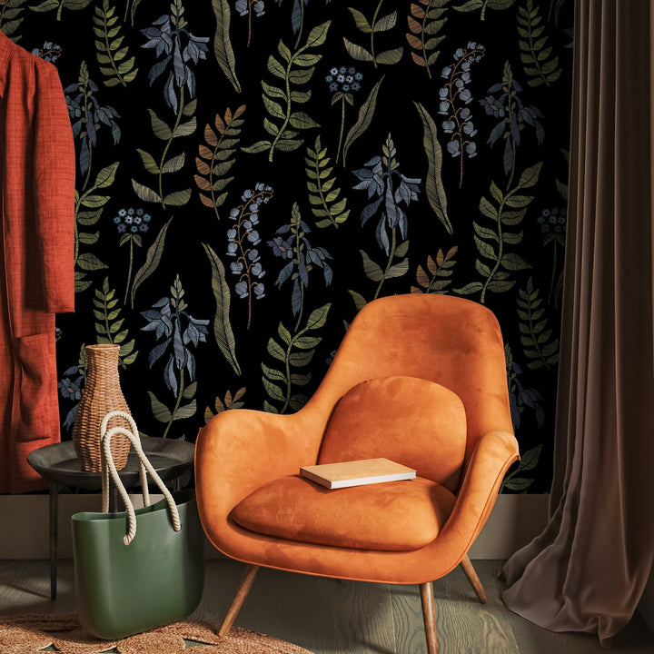 Botanical Wallpaper with an Embroidered Leaf Motif in Green, Blue, and Copper - A656