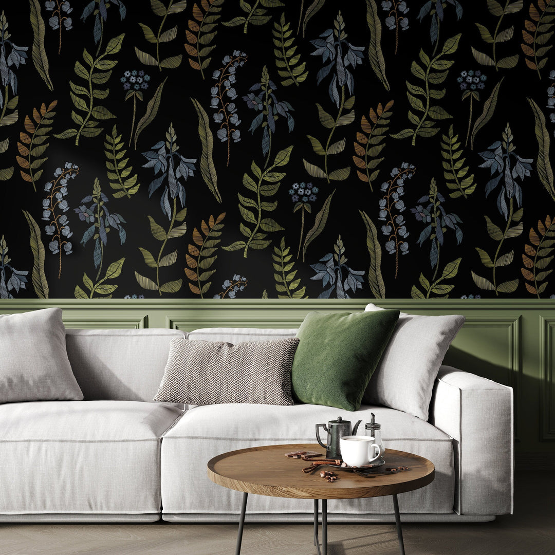 Botanical Wallpaper with an Embroidered Leaf Motif in Green, Blue, and Copper - A656