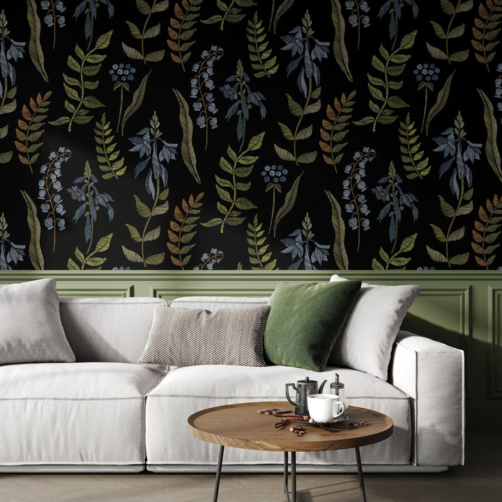Botanical Wallpaper with an Embroidered Leaf Motif in Green, Blue, and Copper - A656