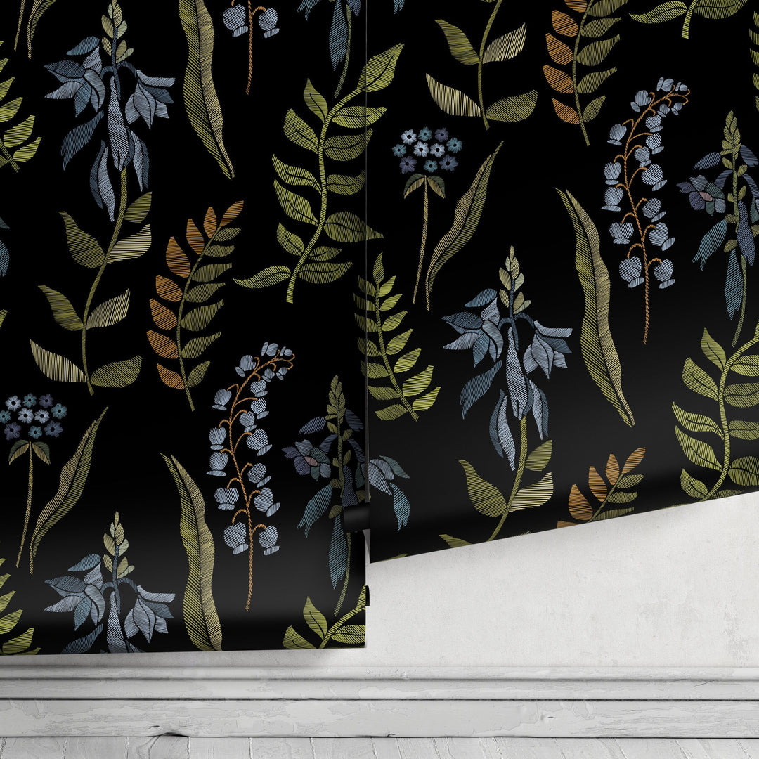 Botanical Wallpaper with an Embroidered Leaf Motif in Green, Blue, and Copper - A656