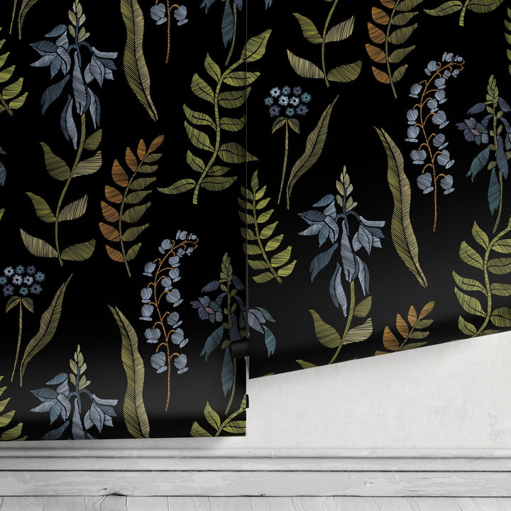 Botanical Wallpaper with an Embroidered Leaf Motif in Green, Blue, and Copper - A656