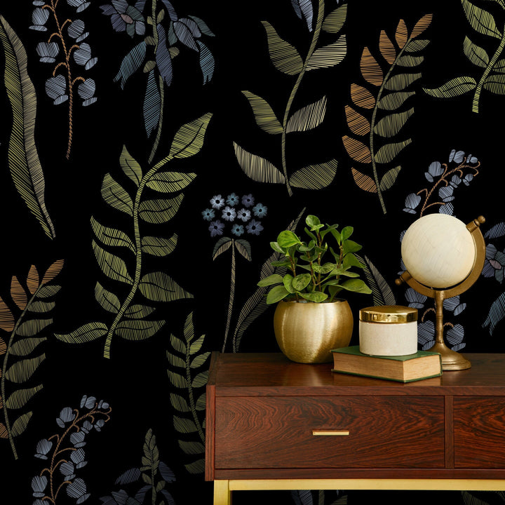 Botanical Wallpaper with an Embroidered Leaf Motif in Green, Blue, and Copper - A656