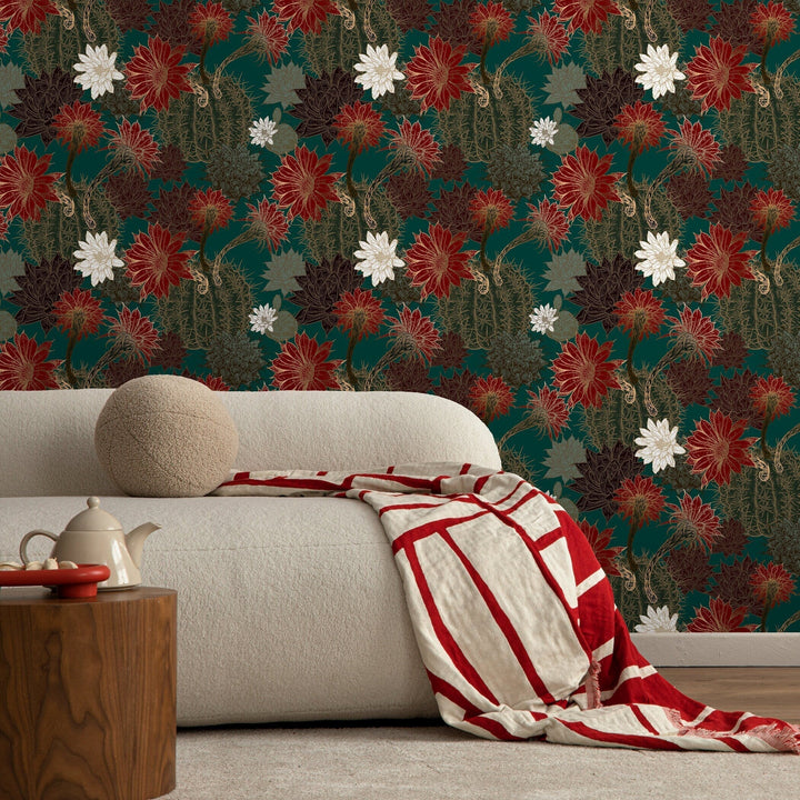 Botanical Wallpaper with Vintage Cactus Blossoms in Teal, Red, and Gold - A806