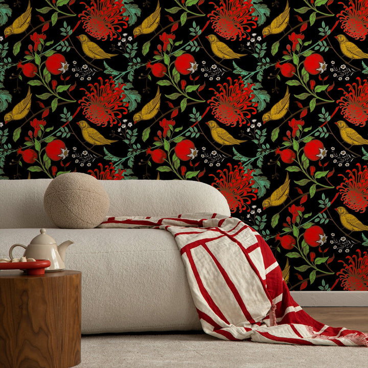 Chinoiserie Wallpaper with Birds and Flowers in Red, Yellow, and Green - A904