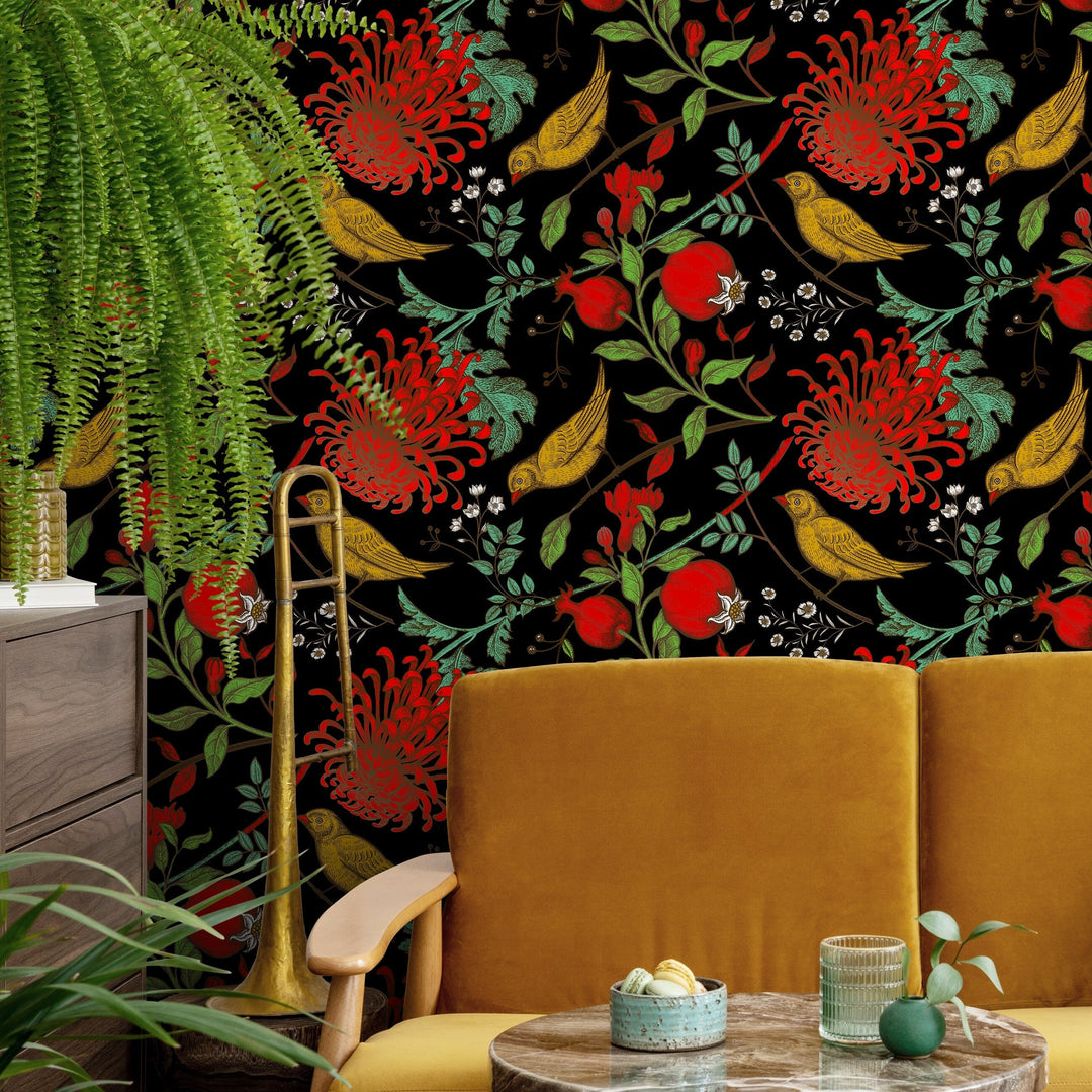 Chinoiserie Wallpaper with Birds and Flowers in Red, Yellow, and Green - A904