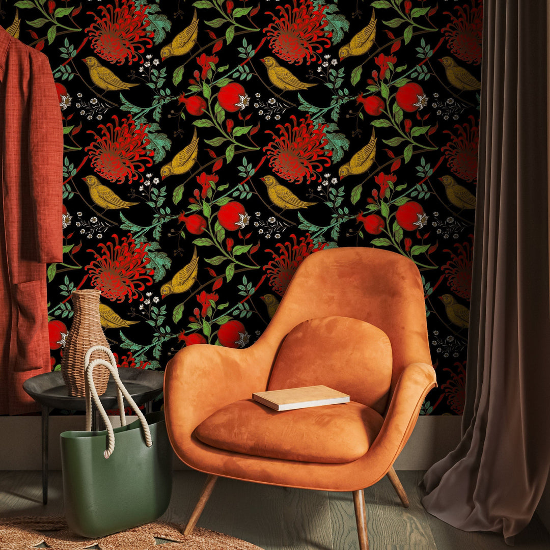 Chinoiserie Wallpaper with Birds and Flowers in Red, Yellow, and Green - A904