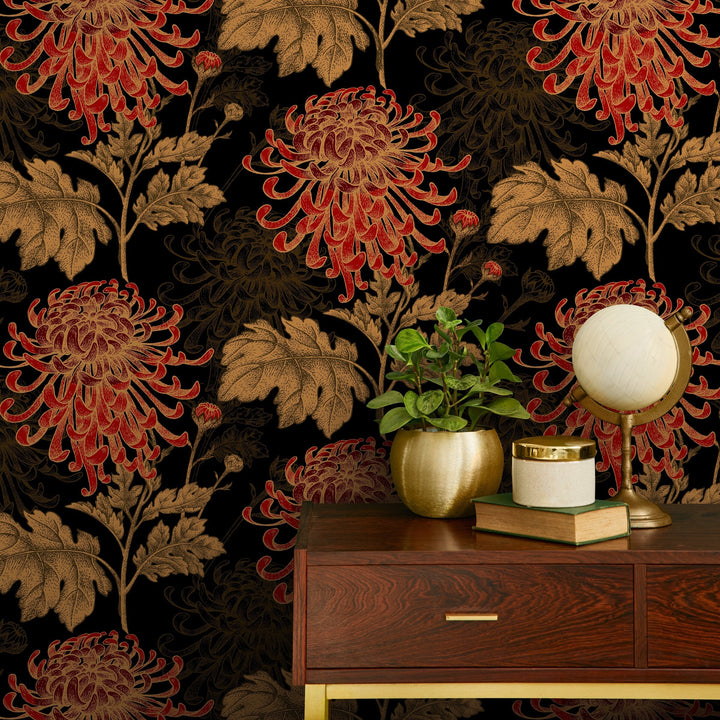 Floral Wallpaper Featuring Hand-Drawn Chrysanthemums in Black, Red, and Gold - A923