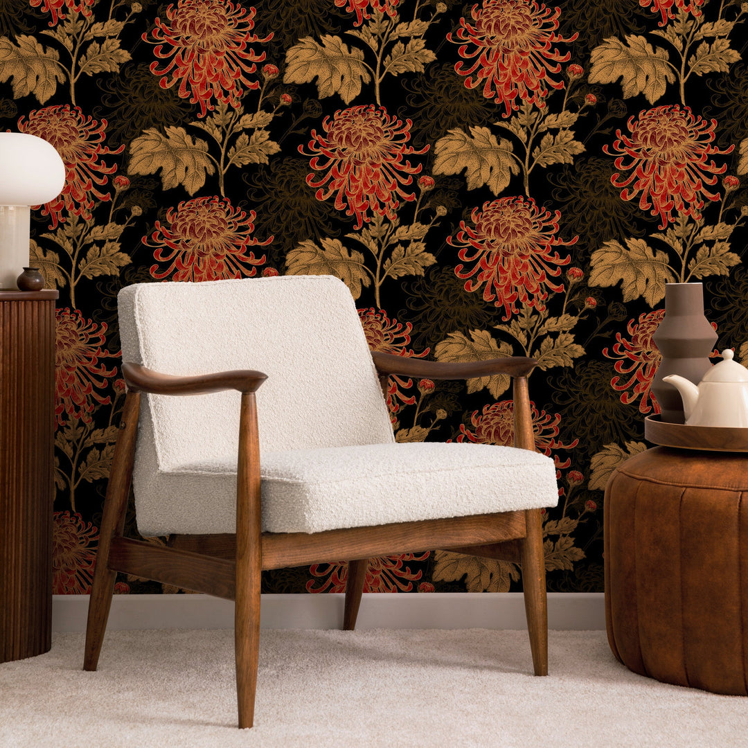 Floral Wallpaper Featuring Hand-Drawn Chrysanthemums in Black, Red, and Gold - A923