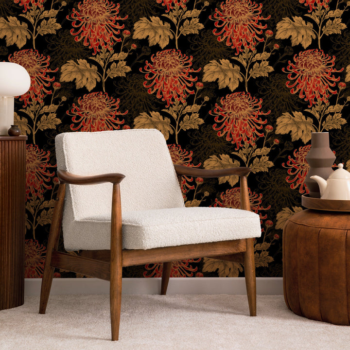 Floral Wallpaper Featuring Hand-Drawn Chrysanthemums in Black, Red, and Gold - A923