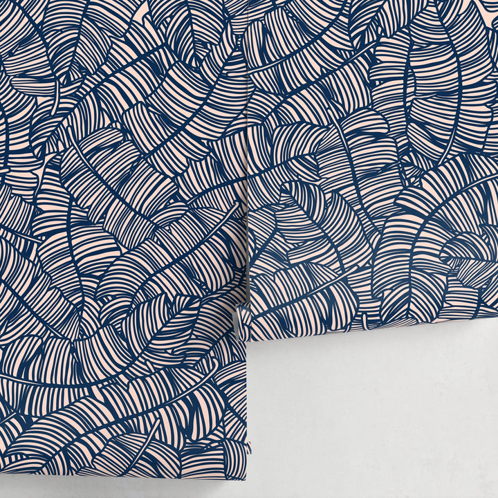 Abstract Wallpaper with a Bold Banana Leaf Motif in Navy Blue and Blush Pink - A016