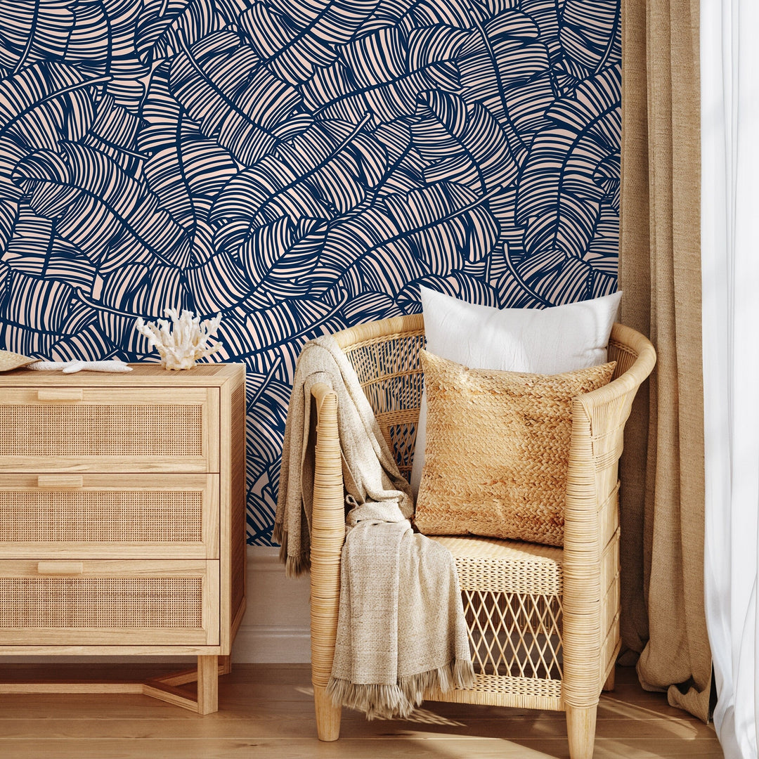 Abstract Wallpaper with a Bold Banana Leaf Motif in Navy Blue and Blush Pink - A016