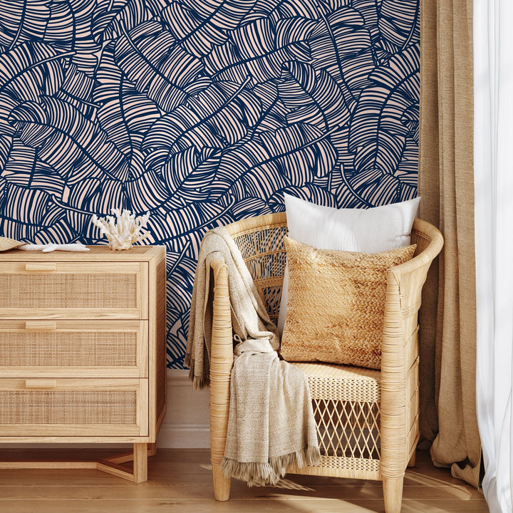 Abstract Wallpaper with a Bold Banana Leaf Motif in Navy Blue and Blush Pink - A016