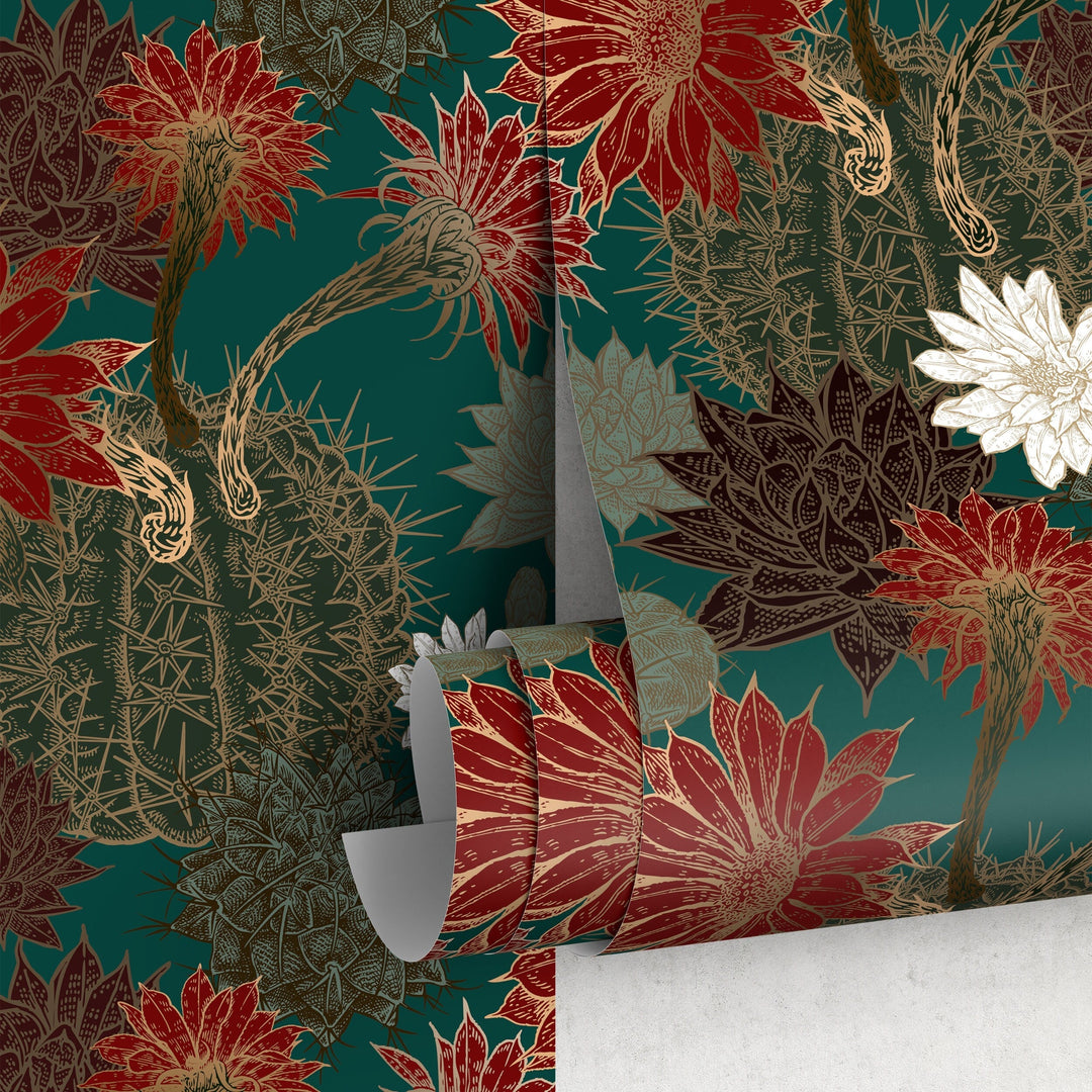 Botanical Wallpaper with Vintage Cactus Blossoms in Teal, Red, and Gold - A806