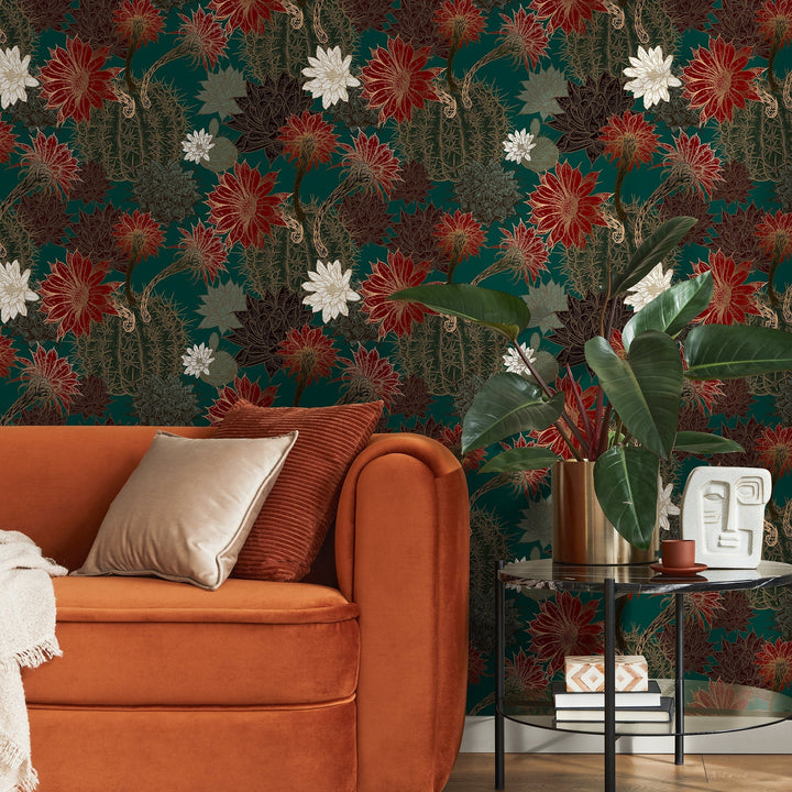 Botanical Wallpaper with Vintage Cactus Blossoms in Teal, Red, and Gold - A806