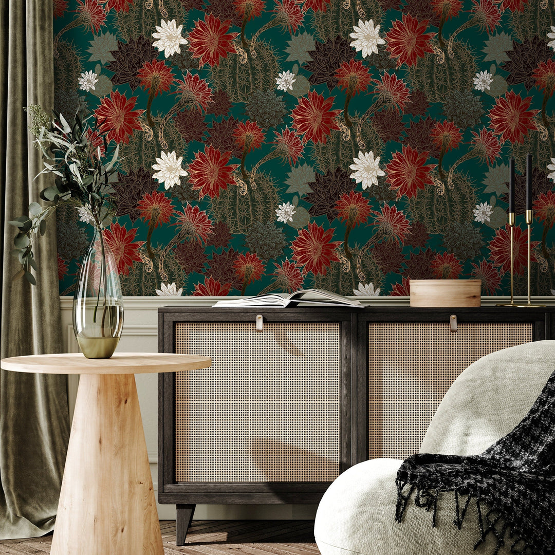 Botanical Wallpaper with Vintage Cactus Blossoms in Teal, Red, and Gold - A806