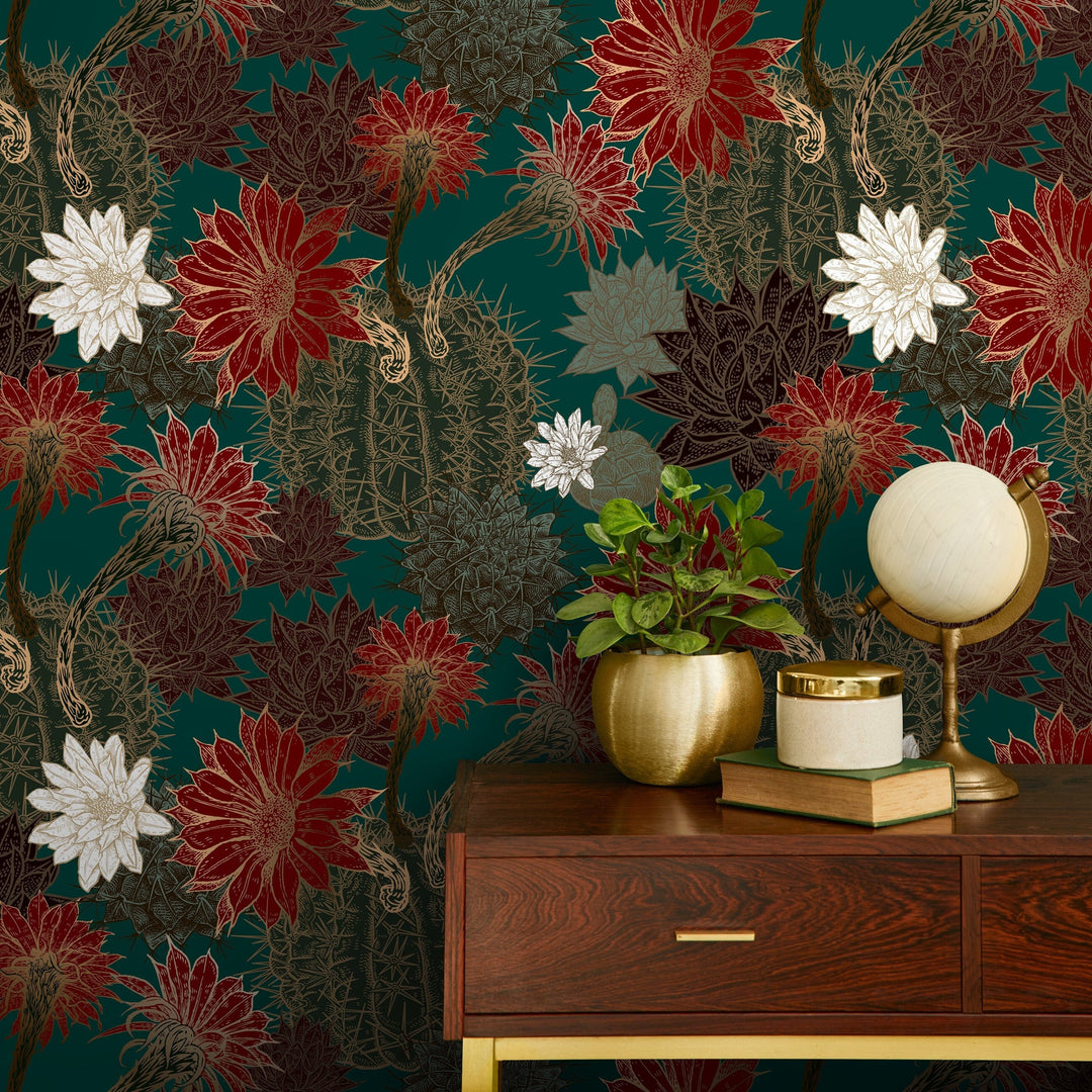 Botanical Wallpaper with Vintage Cactus Blossoms in Teal, Red, and Gold - A806