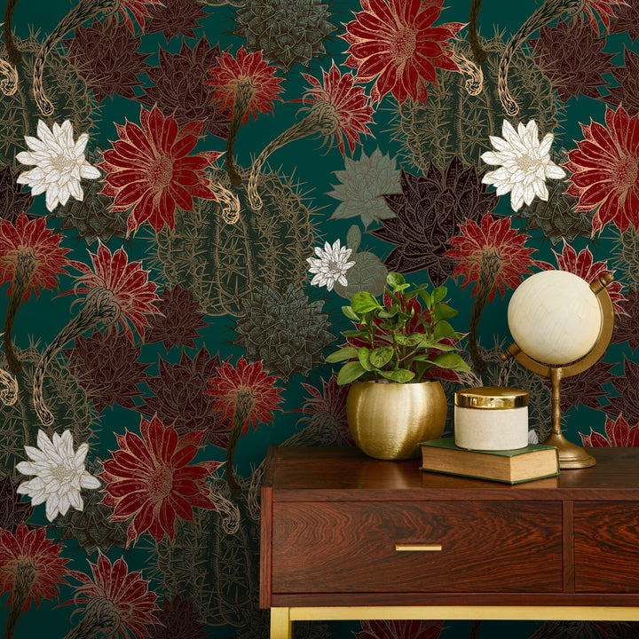 Botanical Wallpaper with Vintage Cactus Blossoms in Teal, Red, and Gold - A806