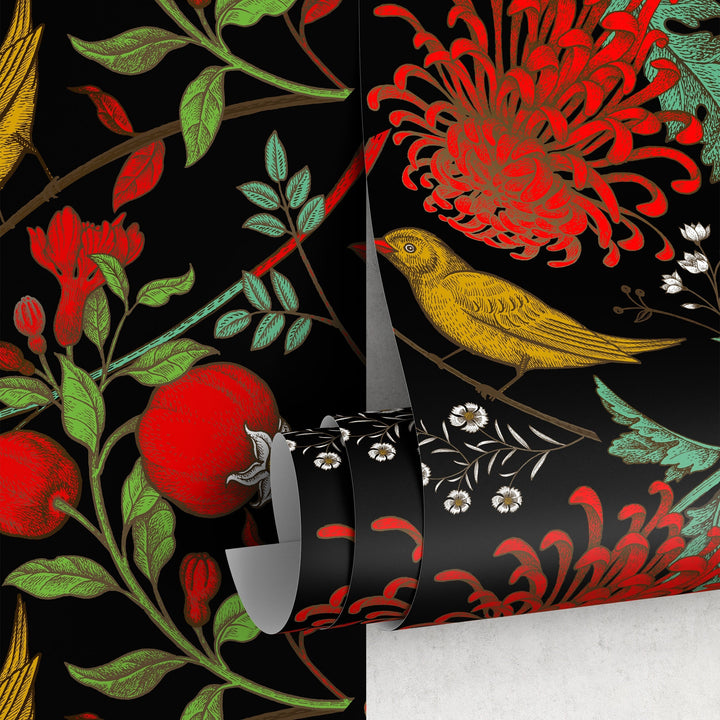 Chinoiserie Wallpaper with Birds and Flowers in Red, Yellow, and Green - A904