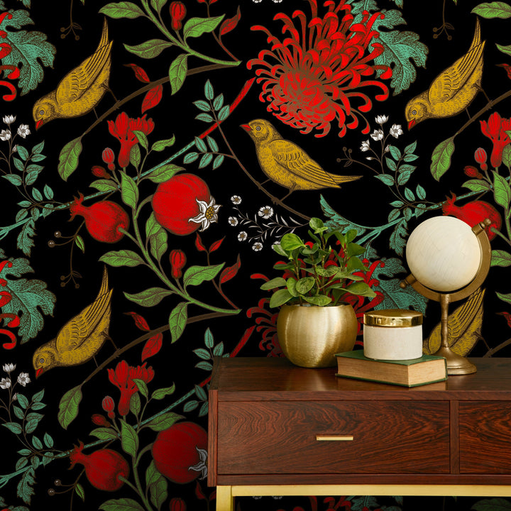 Chinoiserie Wallpaper with Birds and Flowers in Red, Yellow, and Green - A904