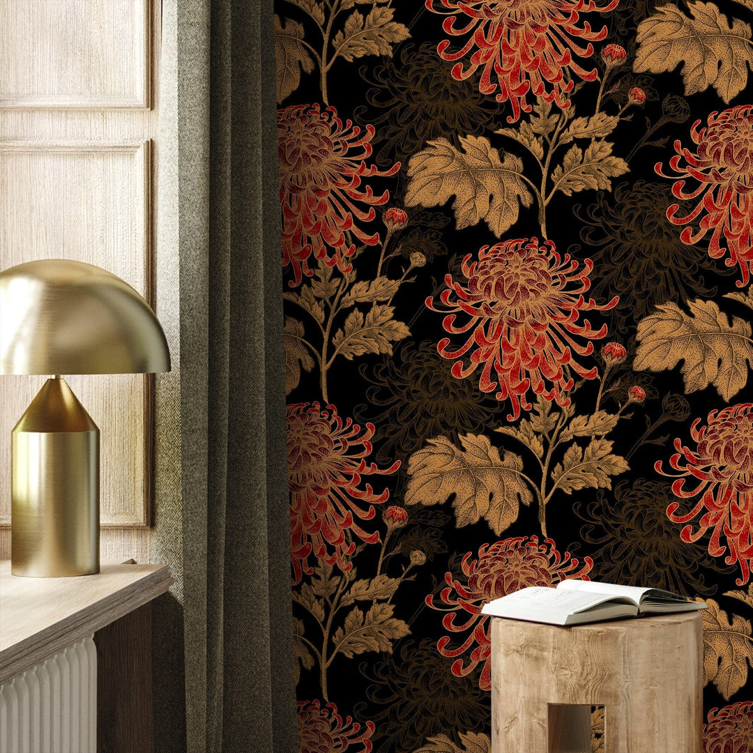 Floral Wallpaper Featuring Hand-Drawn Chrysanthemums in Black, Red, and Gold - A923