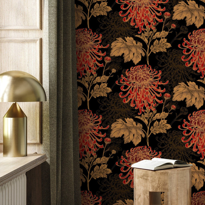 Floral Wallpaper Featuring Hand-Drawn Chrysanthemums in Black, Red, and Gold - A923