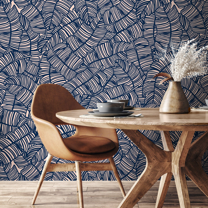 Abstract Wallpaper with a Bold Banana Leaf Motif in Navy Blue and Blush Pink - A016