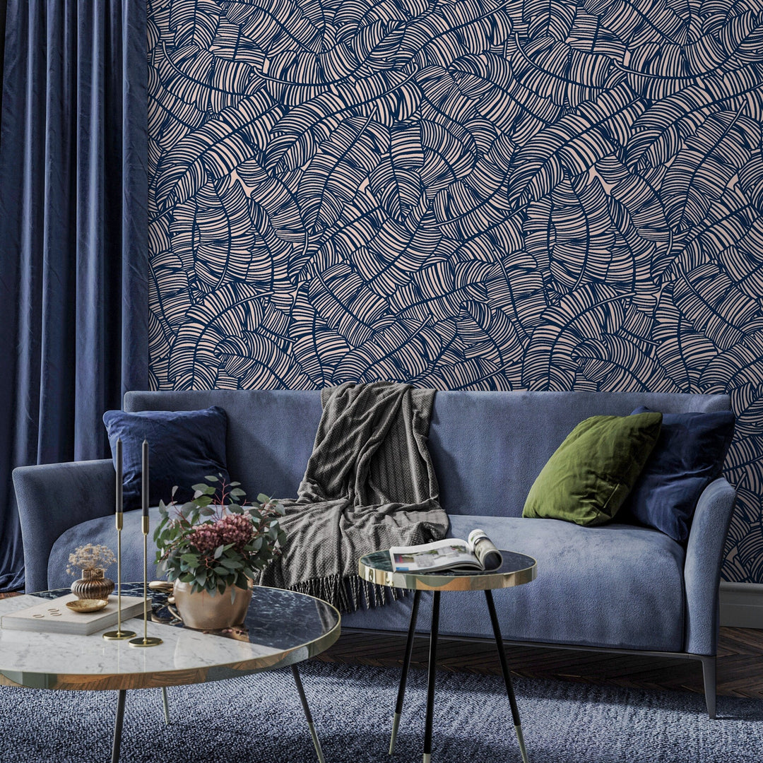 Abstract Wallpaper with a Bold Banana Leaf Motif in Navy Blue and Blush Pink - A016