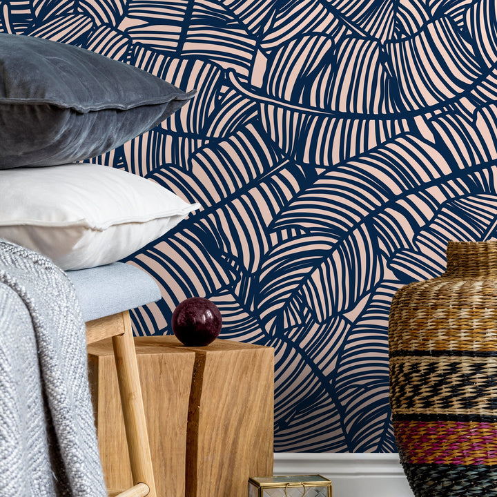 Abstract Wallpaper with a Bold Banana Leaf Motif in Navy Blue and Blush Pink - A016
