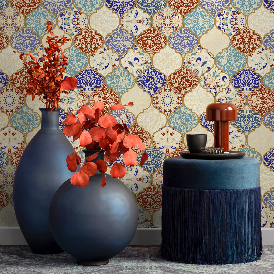 Tile Wallpaper with a Marrakech Motif in Blue, Red, and Gold - A139