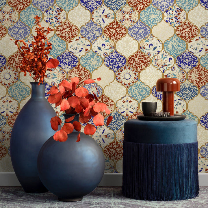 Tile Wallpaper with a Marrakech Motif in Blue, Red, and Gold - A139