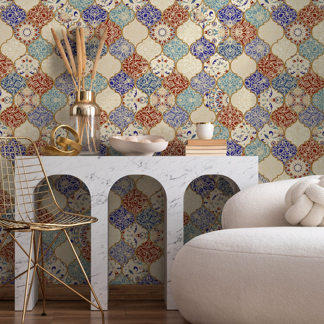 Tile Wallpaper with a Marrakech Motif in Blue, Red, and Gold - A139
