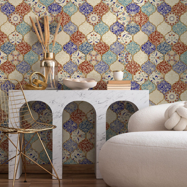 Tile Wallpaper with a Marrakech Motif in Blue, Red, and Gold - A139