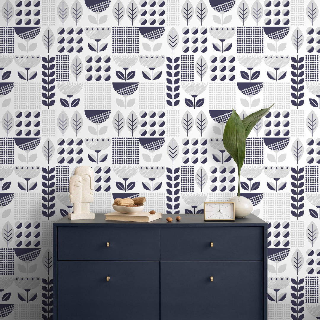 Geometric Wallpaper with Scandinavian Botanical Motifs in Navy Blue and Gray - A721