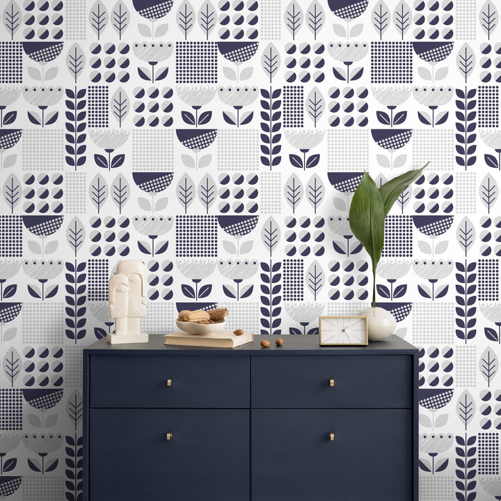 Geometric Wallpaper with Scandinavian Botanical Motifs in Navy Blue and Gray - A721