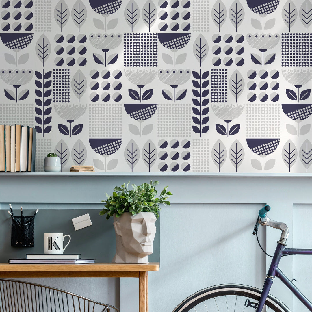 Geometric Wallpaper with Scandinavian Botanical Motifs in Navy Blue and Gray - A721