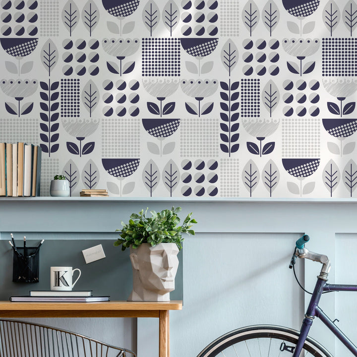 Geometric Wallpaper with Scandinavian Botanical Motifs in Navy Blue and Gray - A721