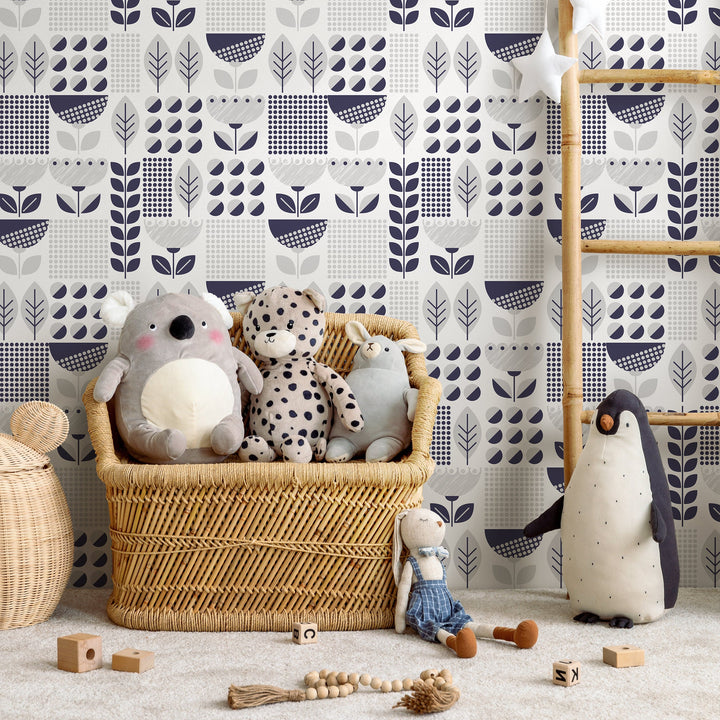 Geometric Wallpaper with Scandinavian Botanical Motifs in Navy Blue and Gray - A721