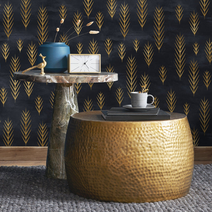 Art Deco Wallpaper with Stylized Golden Fronds in Black and Gold - A739