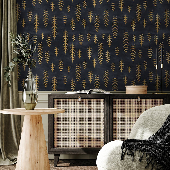 Art Deco Wallpaper with Stylized Golden Fronds in Black and Gold - A739