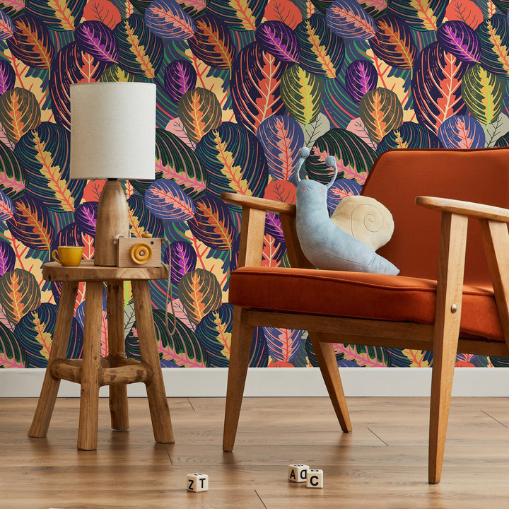 Botanical Wallpaper Featuring Stylized Tropical Leaves in Blue, Orange, and Purple - A796