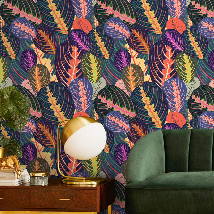 Botanical Wallpaper Featuring Stylized Tropical Leaves in Blue, Orange, and Purple - A796