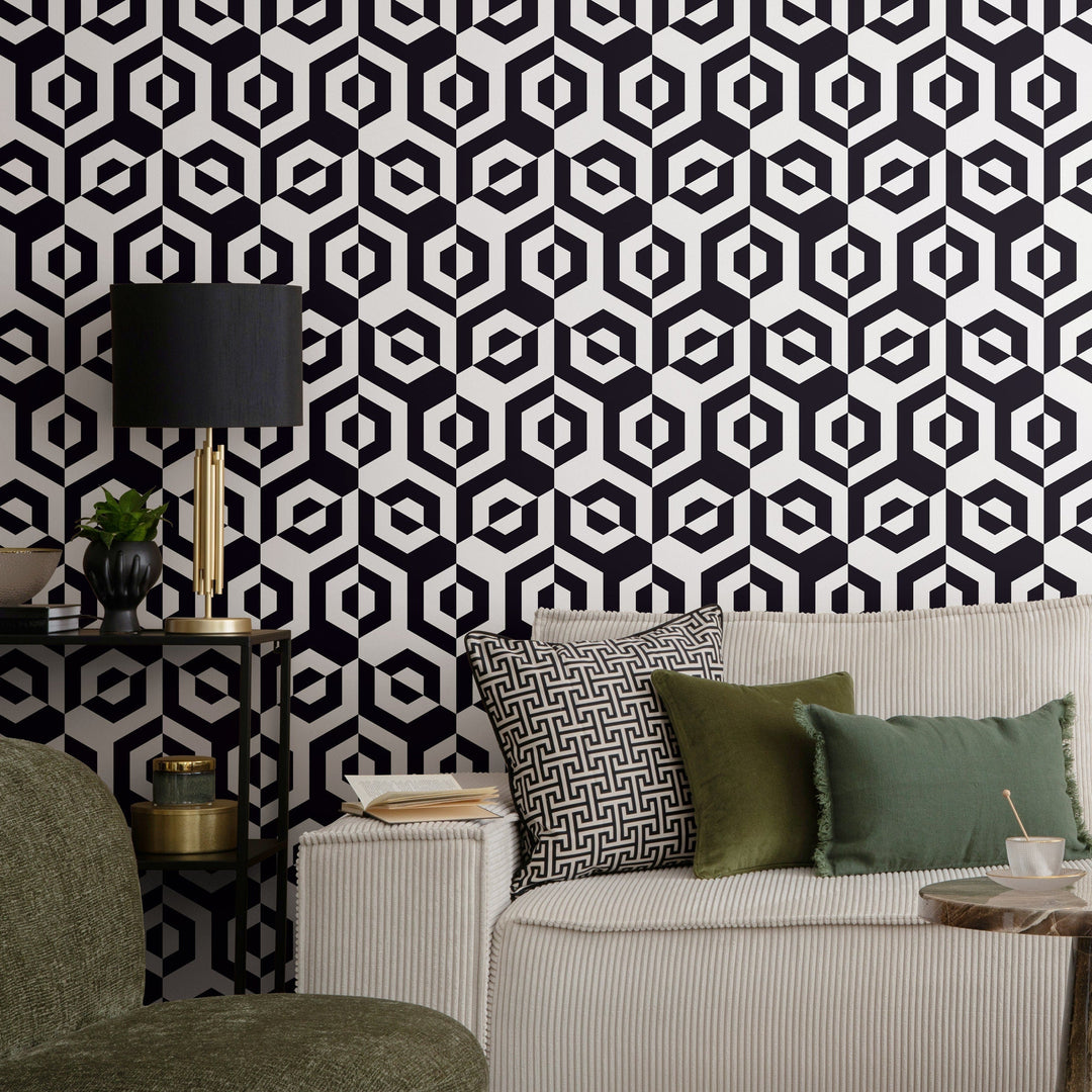 Geometric Wallpaper with a Hexagonal Optical Illusion in Black and White - A899